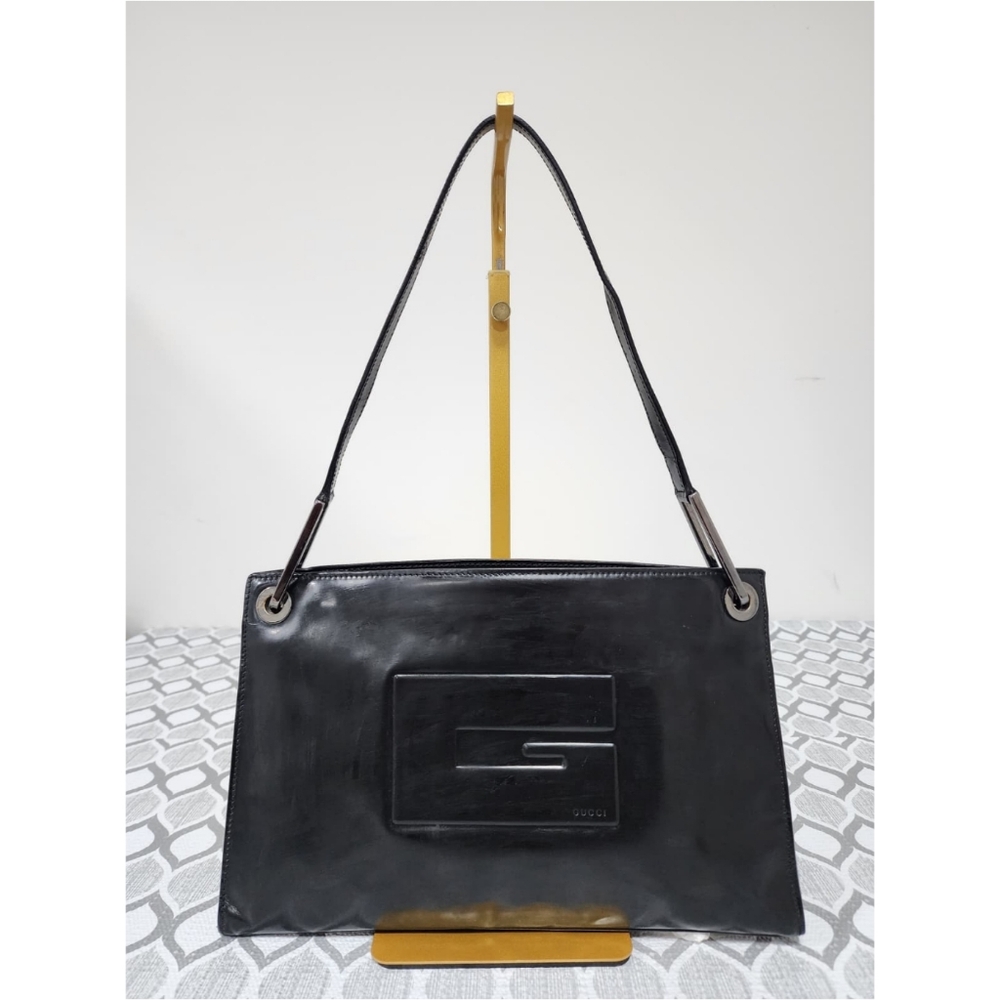 GUCCI Tomford Patent Leather Shoulder Bag Black